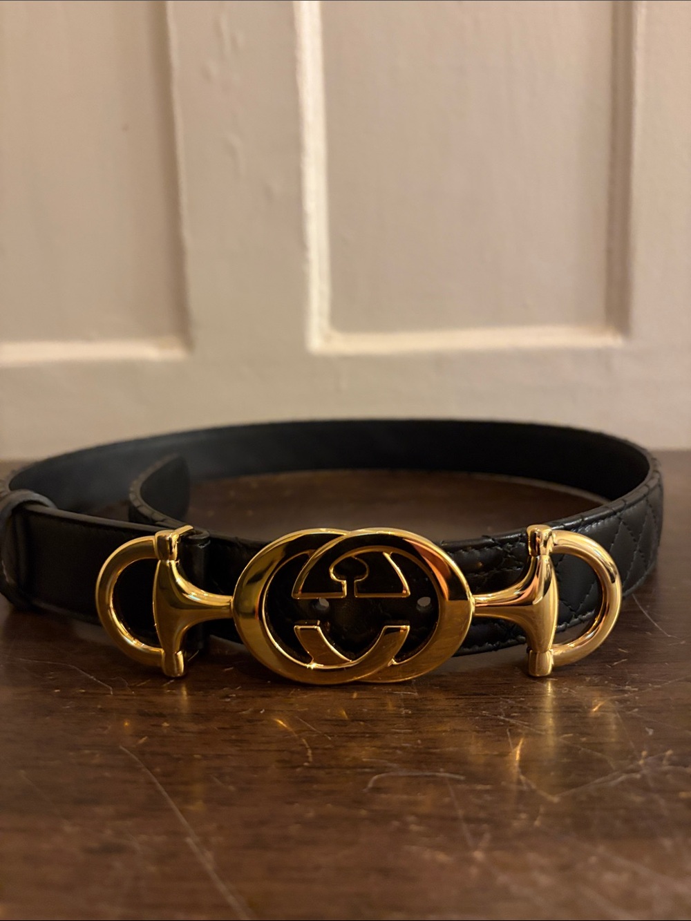 Gucci Black Leather Belt with Gold Double G Horsebit Buckle
